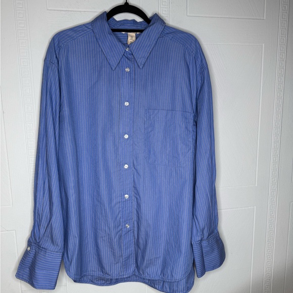 H&M Striped Unisex Blue Button Up Dress Casual Oversized Cotton Shirt XL - Picture 1 of 13